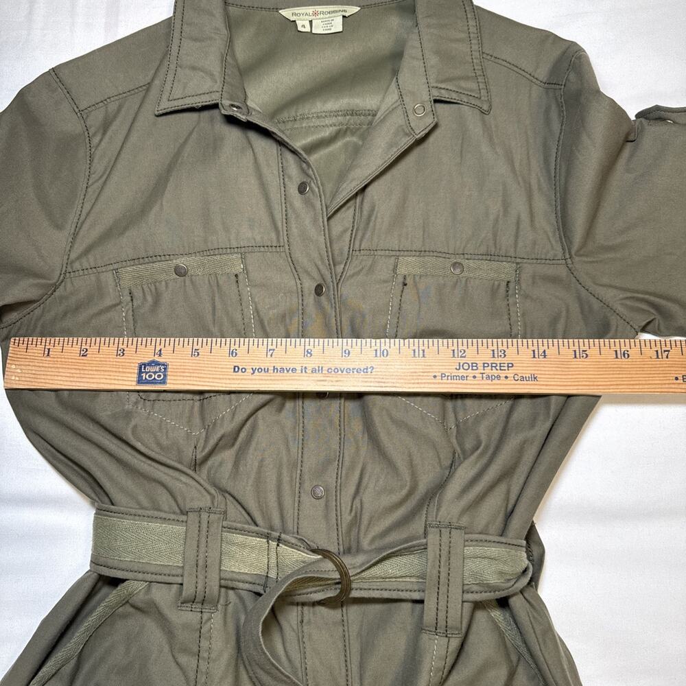 Royal Robbins Snap Front Shirt Dress Belted Olive Green 3/4 Sleeve Womens 4 EUC - Picture 4 of 13